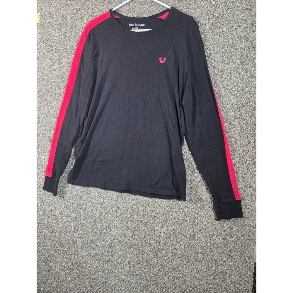 True Religion Long Sleeve Tee Mens S Black Red Stripe Horseshoe Logo 104235